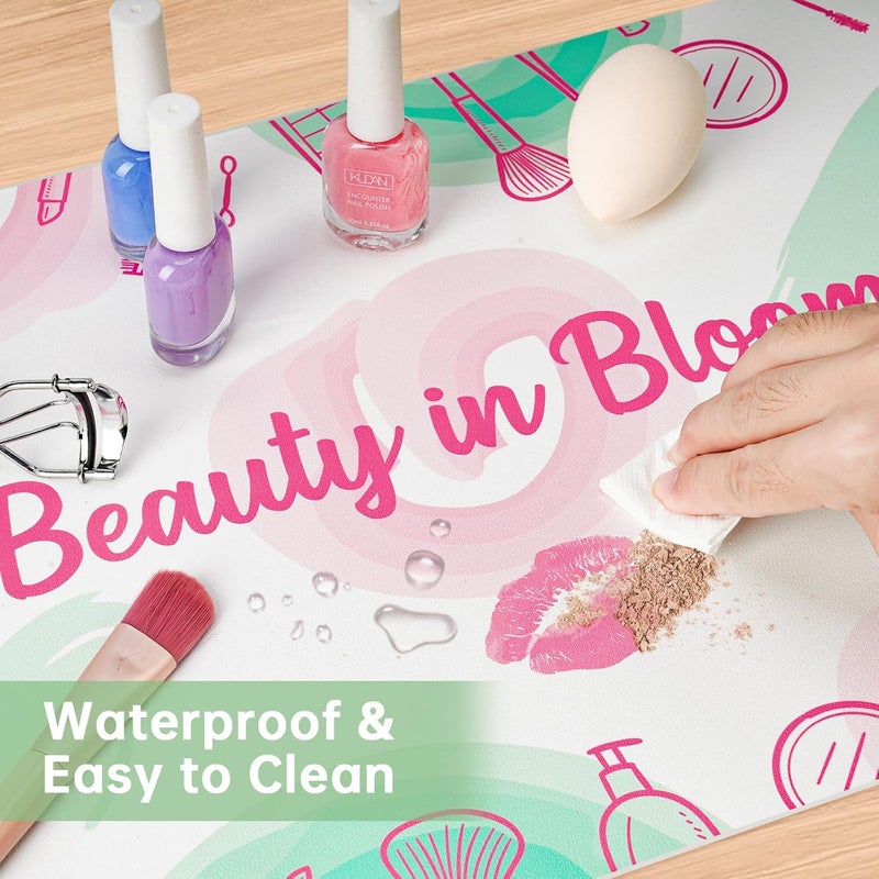 Aphlos Dual-Sided Waterproof Synthetic Leather Makeup Mat for Desk, Makeup Station, Crafts, Multi-Use Scratch & Stain Resistant Surface Protector Pad for Vanity, Desktop, Craft Table (White Cartoon) - Image 3